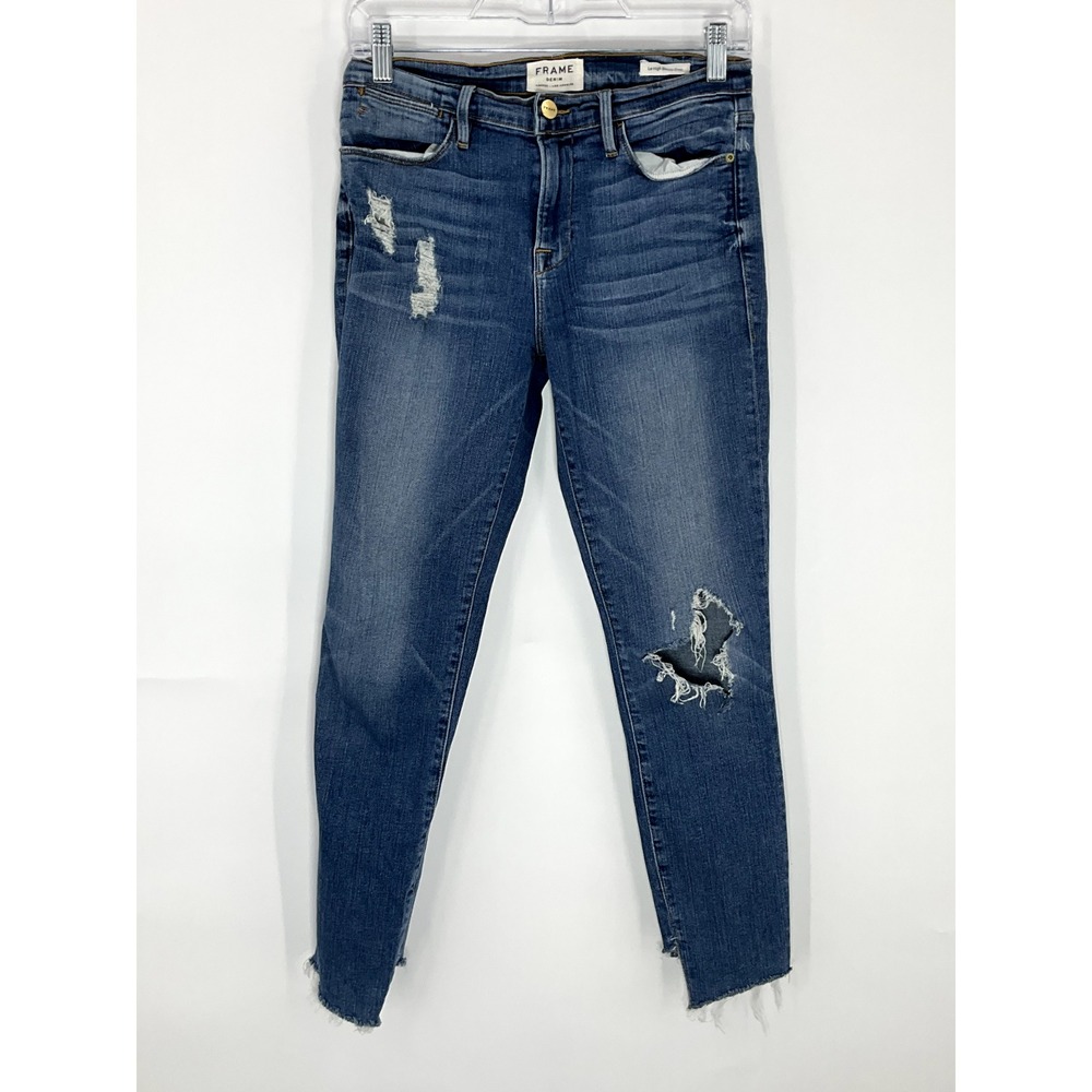 FRAME Le High Skinny High-Rise Jeans Cropped Raw Edge Washed Blue Denim Size 26